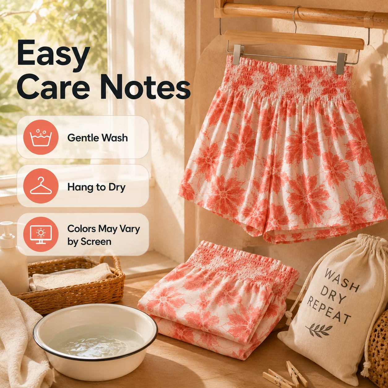 Women's flowy high waist shorts easy care notes