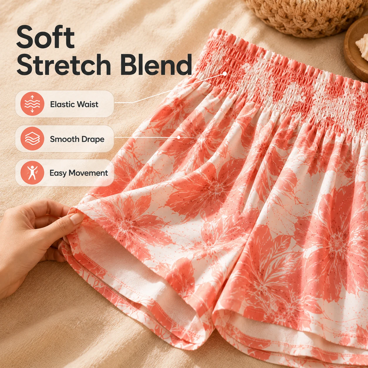 Women's flowy high waist shorts elastic waist and soft stretch detail