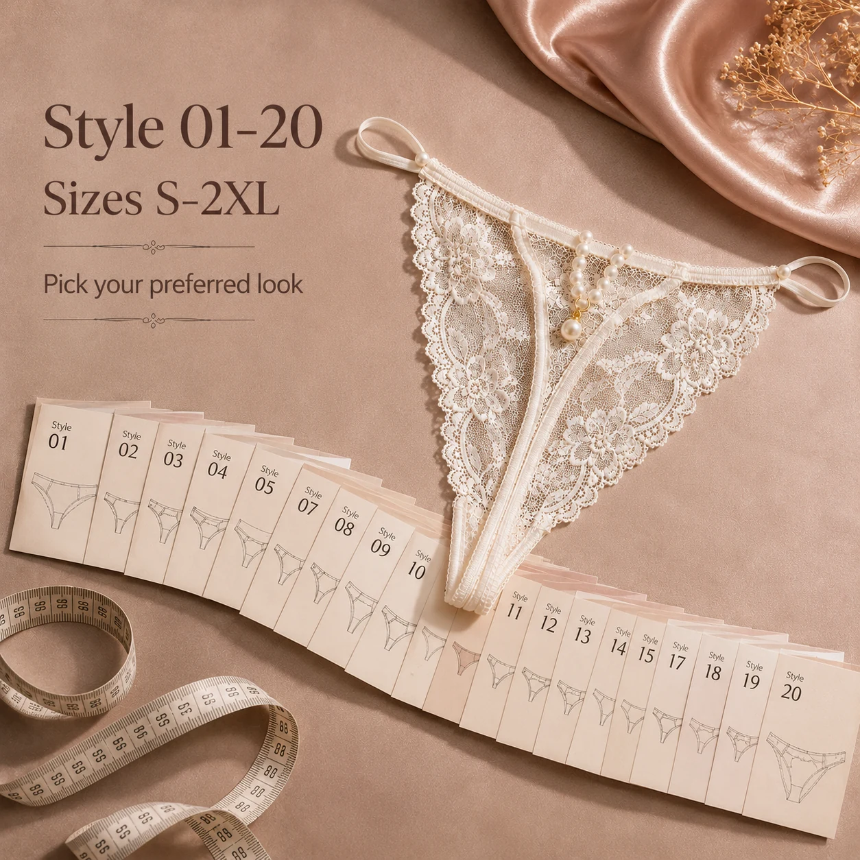 Größen- oder Nutzungsdetail für Damen Lingerie-String aus Spitze mit Perlendetail