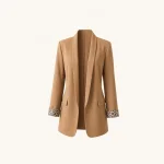 Camel open-front long blazer with leopard-pattern cuffs and front flap pockets
