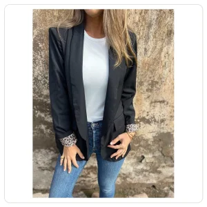 Women’s Open-Front Long Blazer with Leopard Cuffs
