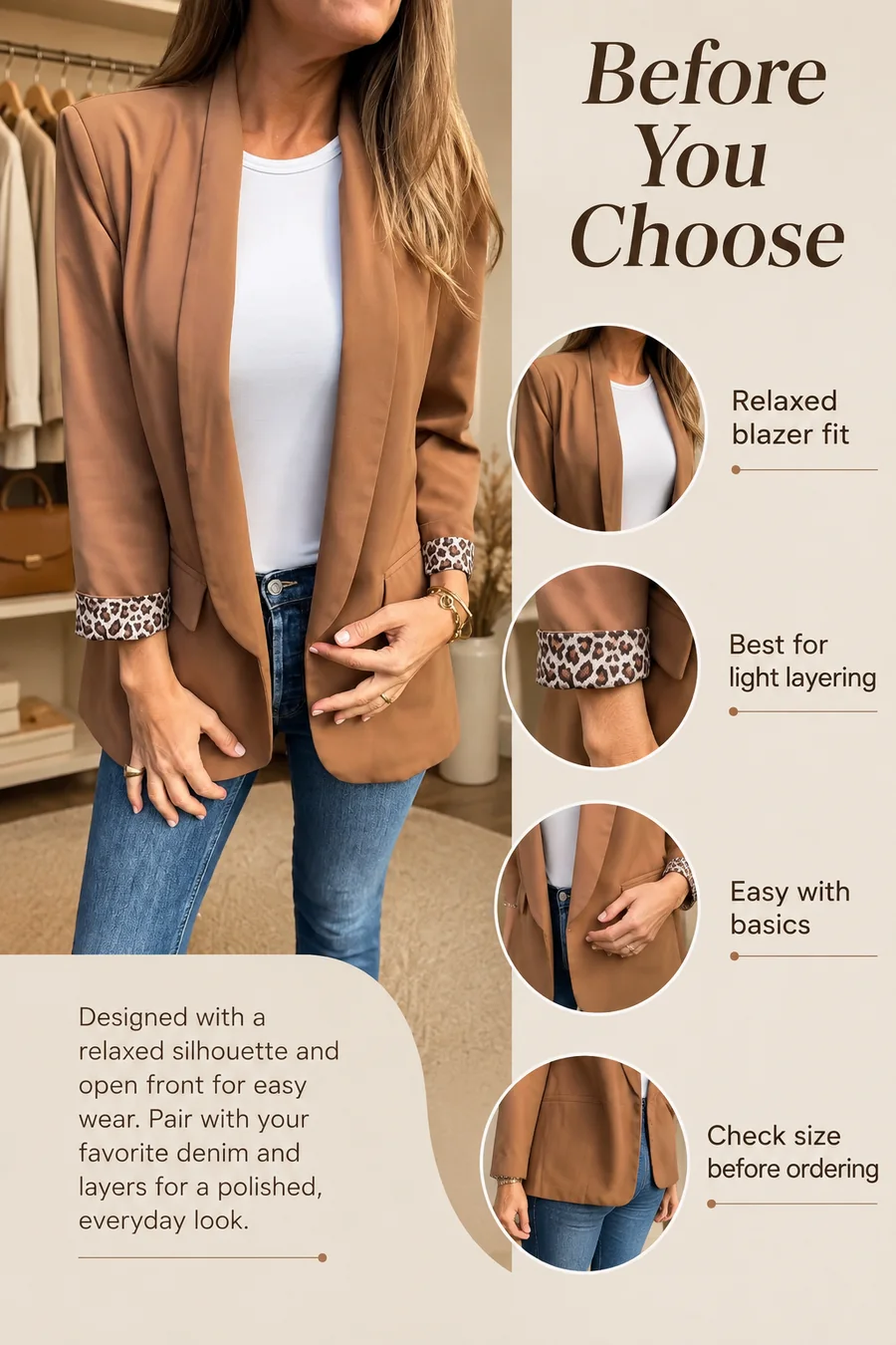 Pre-purchase check for Women's Leopard Embroidered Long Blazer for Autumn Layering