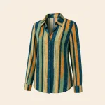 Long-sleeve collared shirt with vertical blue, green and orange stripes