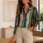 Woman wearing a striped button-front shirt tucked into light trousers beside a desk