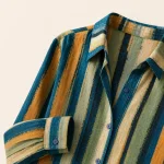 Close view of the striped shirt collar, button placket and cuff