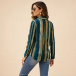 Back view of a woman wearing the striped long-sleeve shirt with jeans