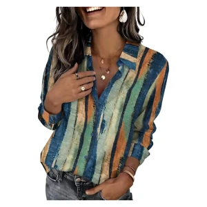 Long Sleeve Button-Down Shirt for Women with Striped Print