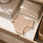 Beigefarbene Unterhose in einer Schublade neben ordentlich gefalteten Handtüchern und Kleidungsstücken
