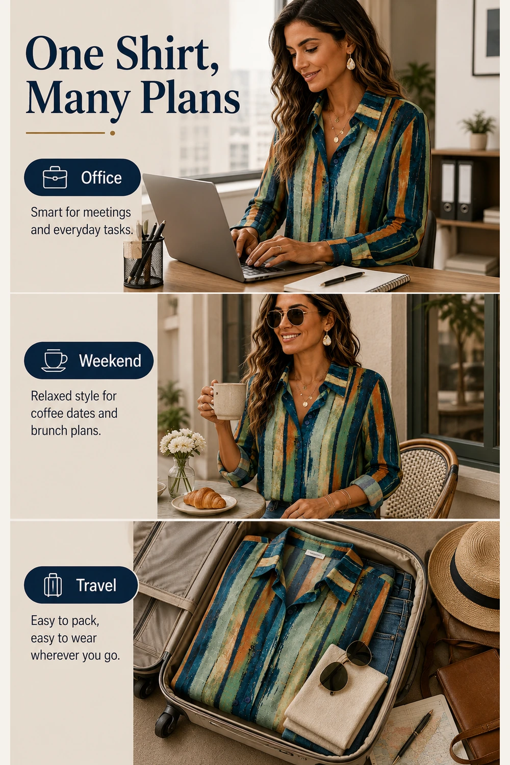 Material and structure detail for Long Sleeve Button-Down Shirt for Women with Striped Print