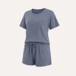 Blue-gray speckled pajama set with a round-neck short-sleeve top and drawstring shorts