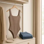 Taupefarbener Body mit eckigem Ausschnitt neben gefalteten Jeans, mit Rippdetail an der Taille