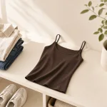 Dark brown thin-strap camisole laid on a shelf beside folded clothes