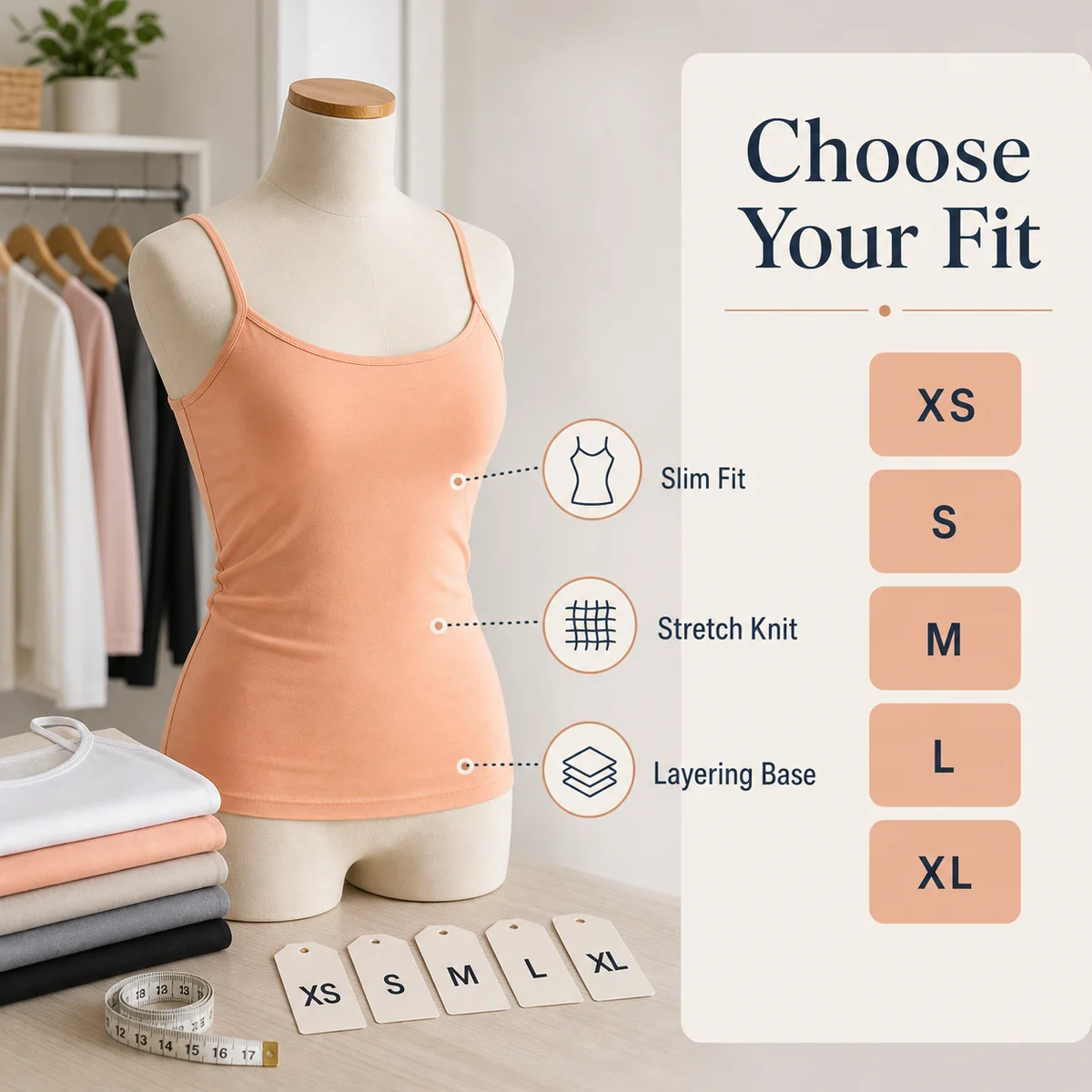 Material and structure detail for Women's Stretch Spaghetti Strap Tank Top