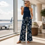 Donna con top blu navy senza maniche e pantaloni palazzo floreali, accanto a una finestra dell'aeroporto
