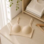 Beige smooth-cup bra on a wooden surface beside folded clothes and a hanger