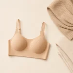 Beige smooth-cup bra laid flat beside folded neutral-colored clothing