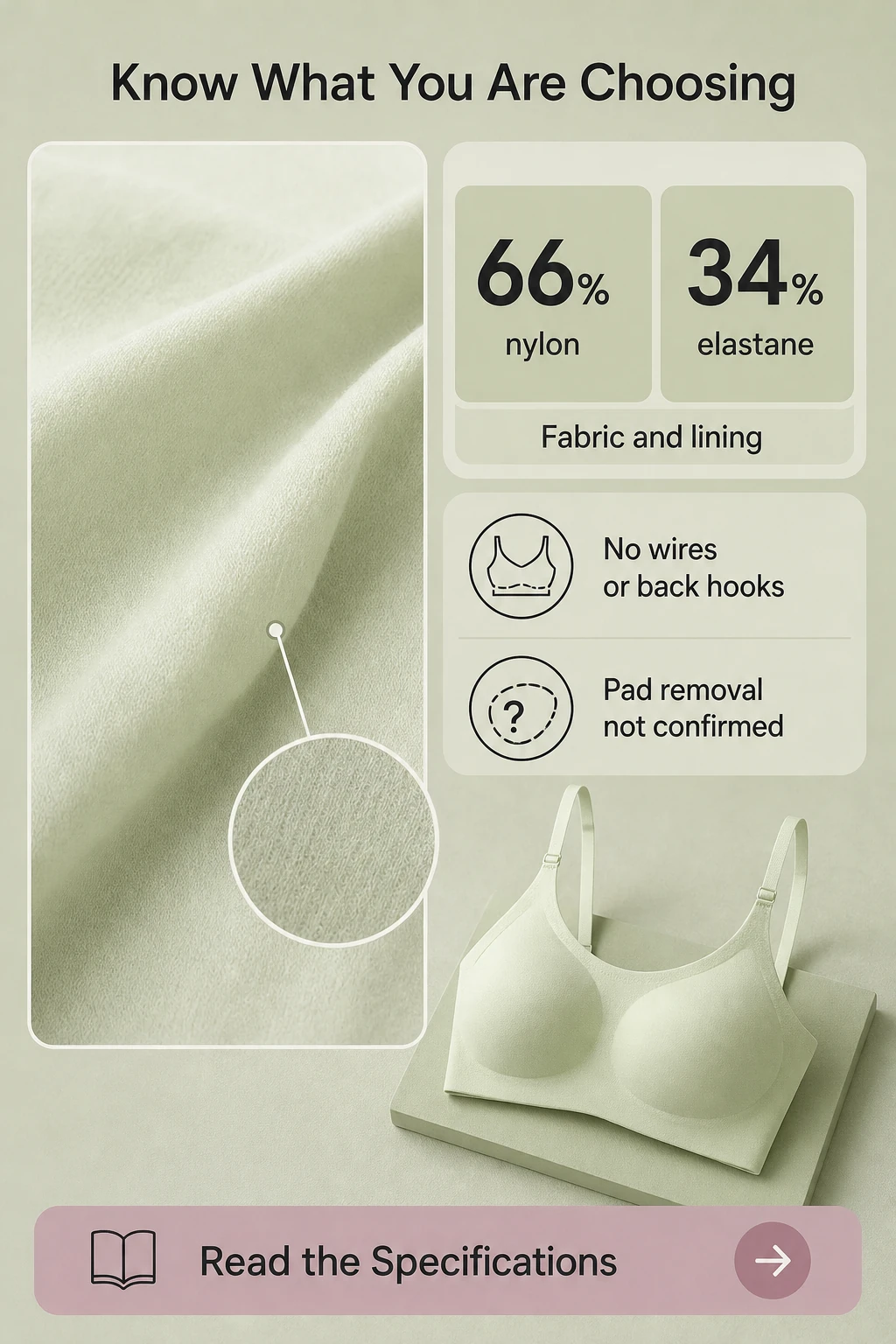 Sutiã liso sem aro com alças ajustáveis — 66% nylon / 34% elastano — tecido externo e forro