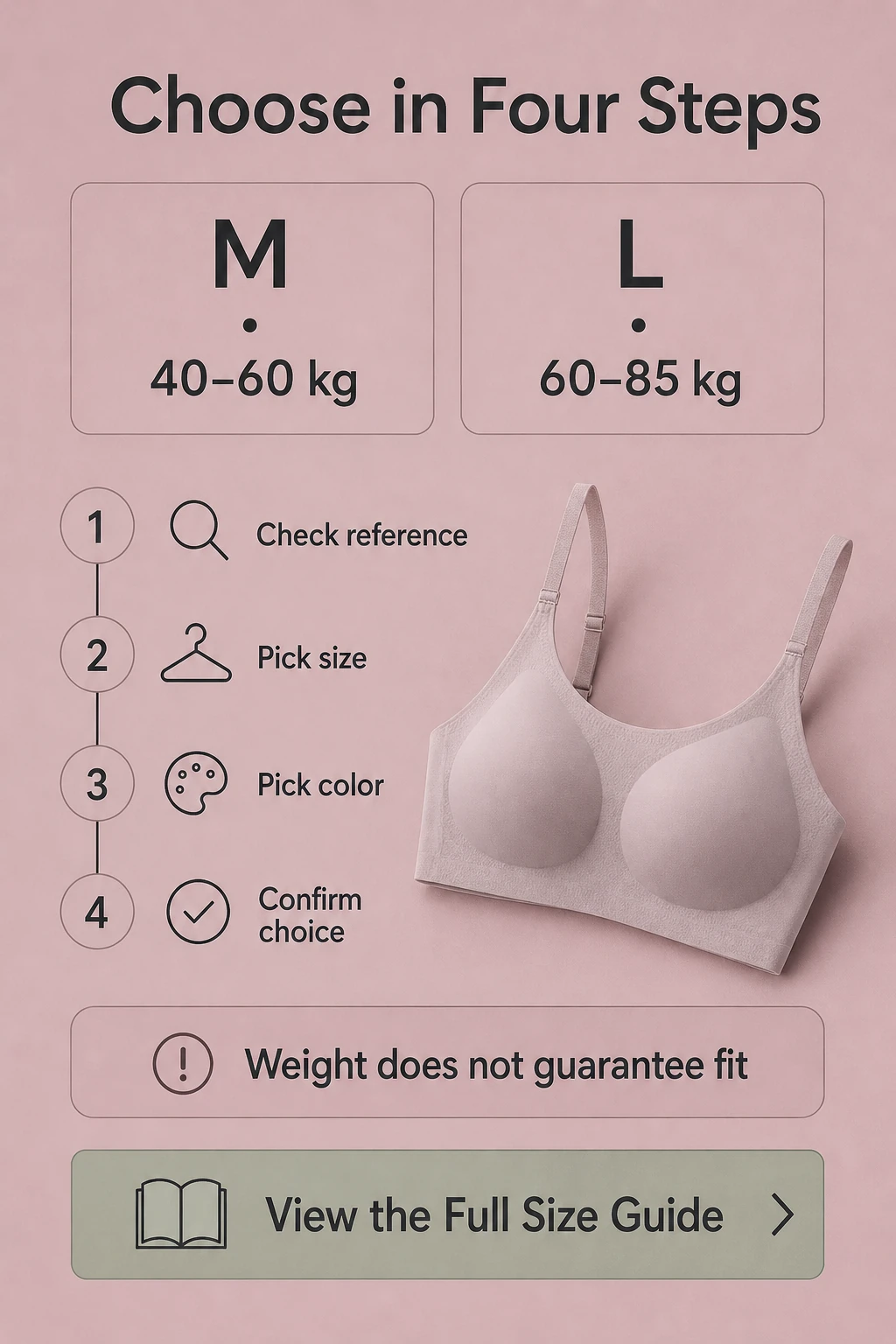 Sutiã liso sem aro com alças ajustáveis — M 40–60 kg / L 60–85 kg — apenas referência de peso