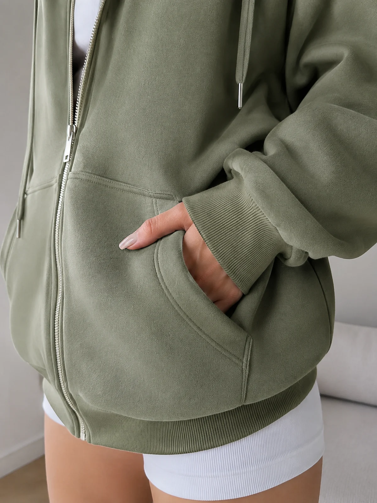 Material- und Strukturdetail für Damen Y2K Fleece Zip Hoodie für den Alltag