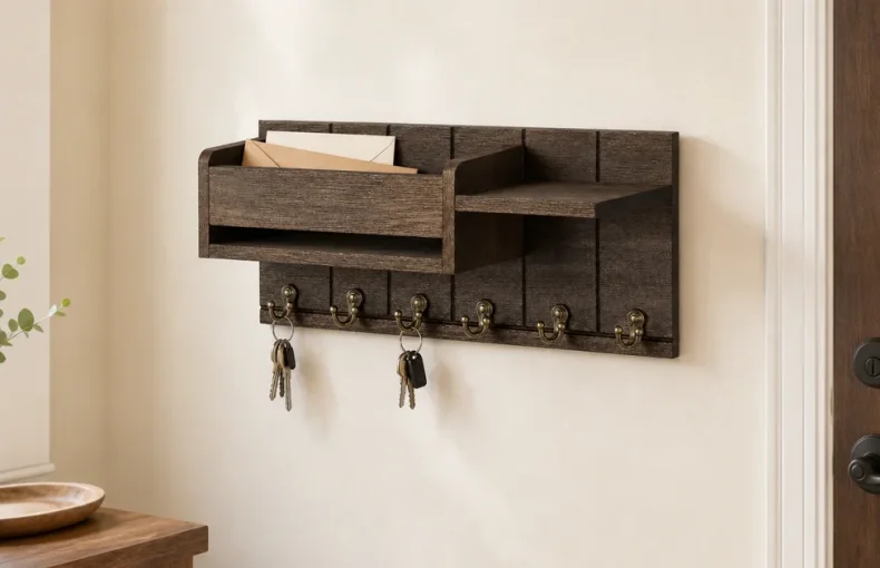 Wood Key and Mail Organizer with 6 Hooks: Entryway Drop Zone Guide