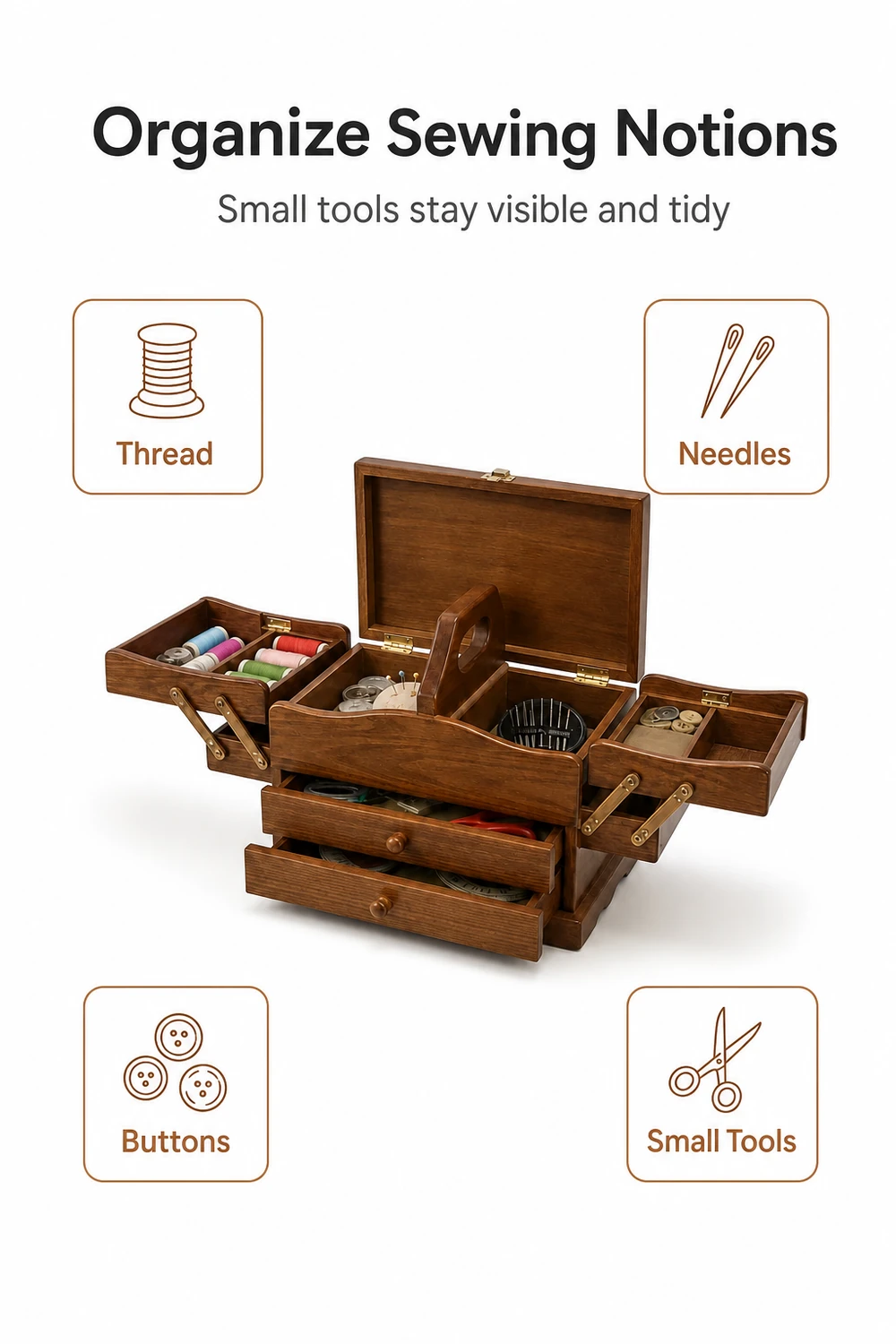 Boîte à couture en bois déployée avec compartiments ouverts, fil et petits outils de couture