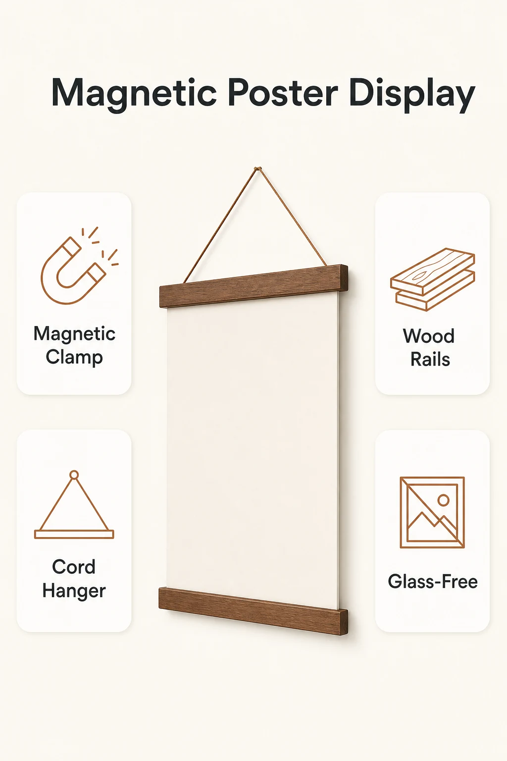 Posterleisten aus Holz halten ein leeres Blatt an einer Aufhängeschnur, mit Diagrammen der Magnetklemme