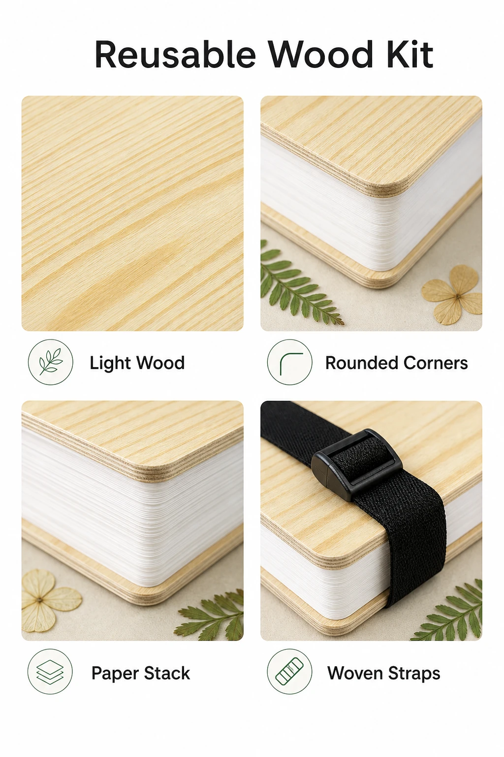 Infographie kit en bois réutilisable avec détails matière