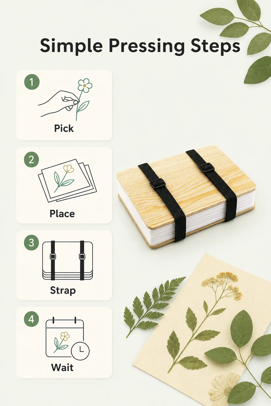 Infographie étapes simples pour presser feuilles et fleurs