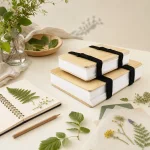 Deux presses à plantes empilées sur une table de loisirs créatifs, près de feuilles, de fleurs et d'un carnet ouvert
