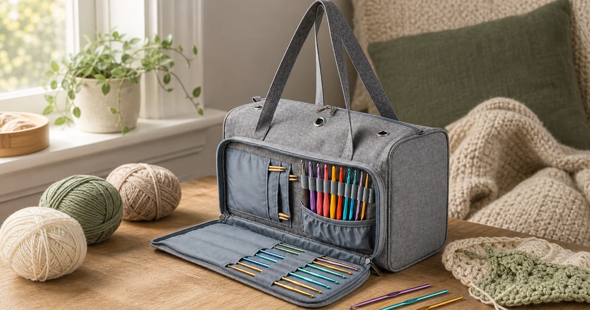 Bolsa cinza de croche com estojo de agulhas novelos e mesa de artesanato