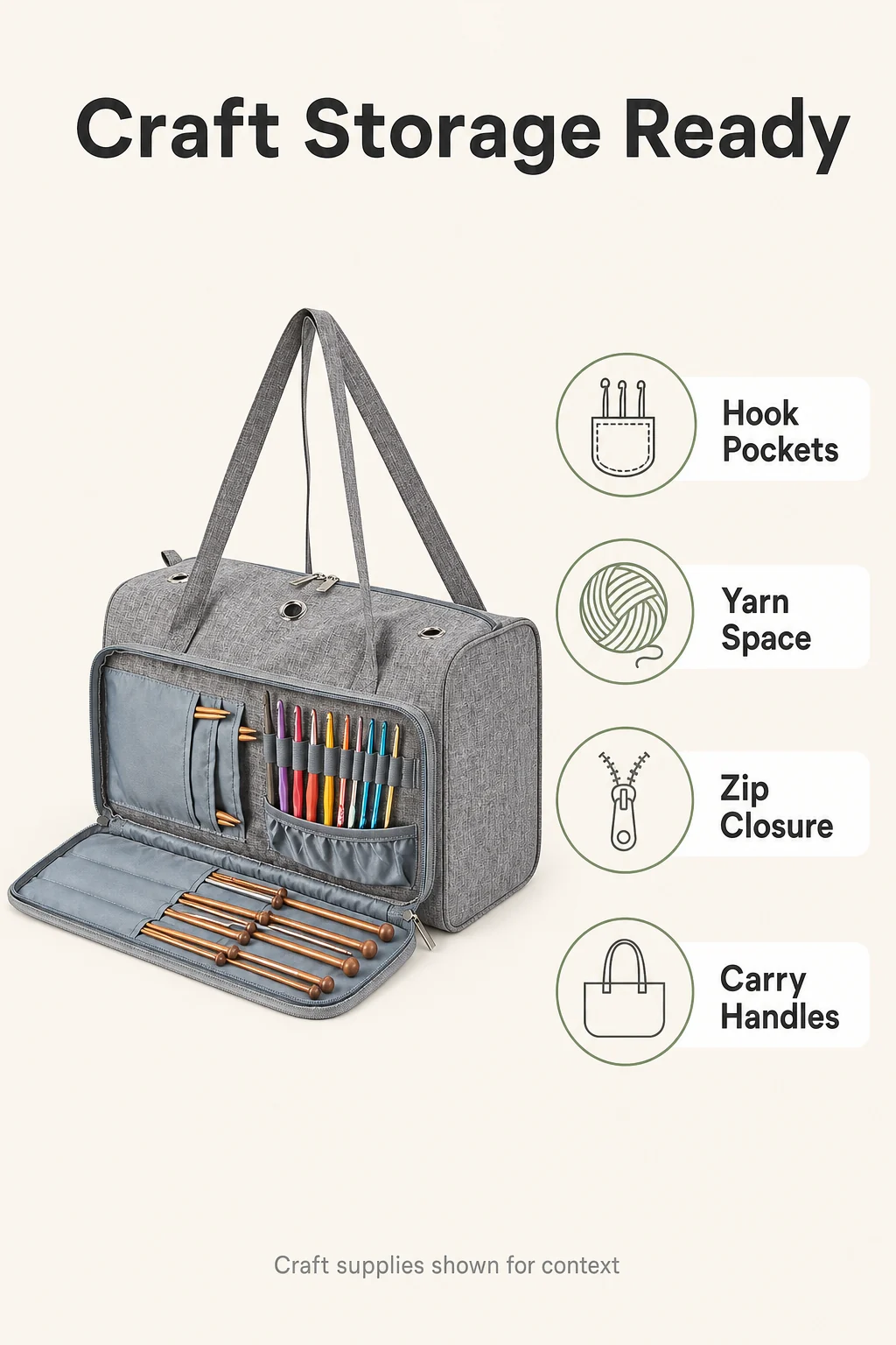 Borsa grigia per uncinetto con tasca aperta per gli strumenti, porta-uncinetti illustrato e manici per il trasporto