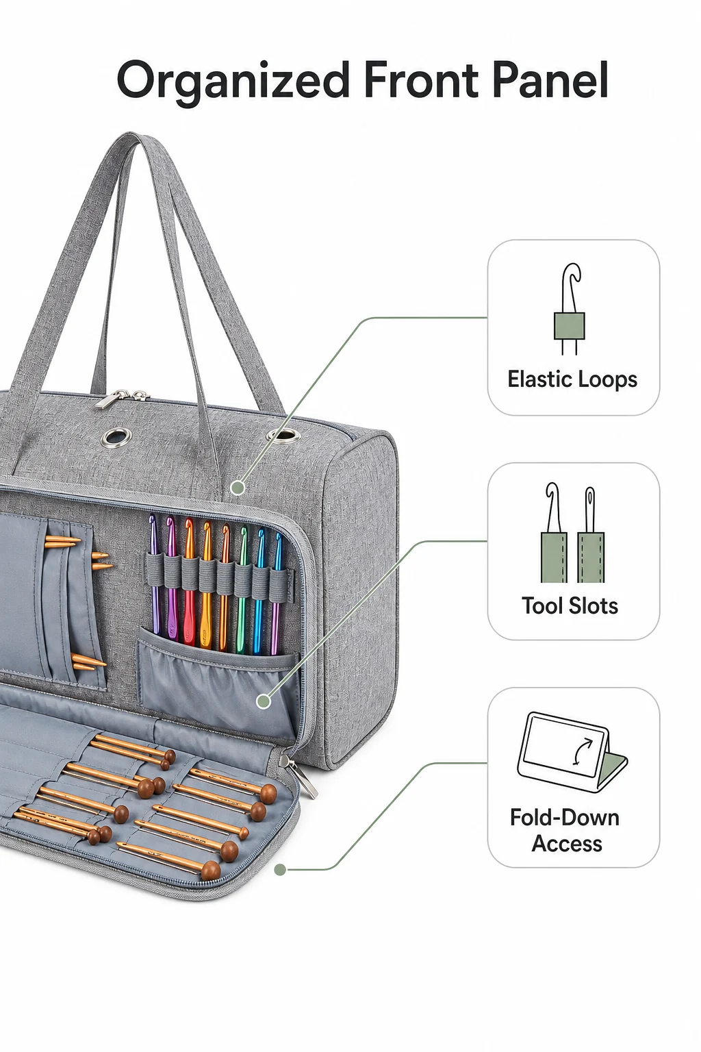 Borsa grigia per uncinetto con pannello anteriore aperto che mostra uncinetti e schemi di organizzazione