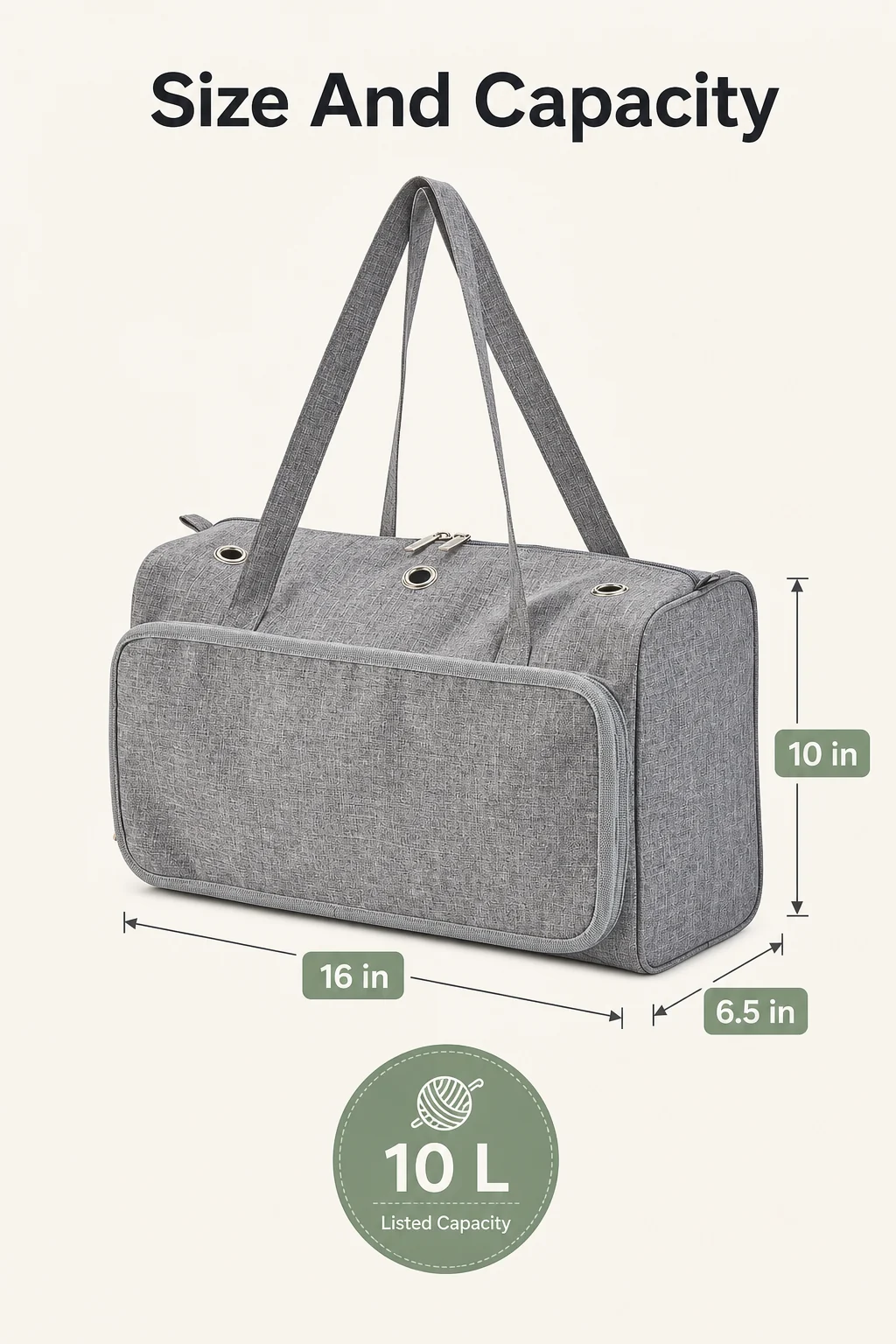 Diagramma di dimensioni e capacità di una borsa grigia per uncinetto con indicazioni visibili di 16 in, 6,5 in, 10 in e 10 L