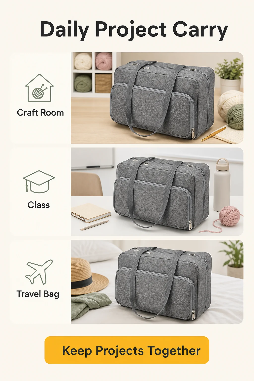 Tre viste di una borsa grigia per uncinetto ambientata in contesti di bricolage, di classe e di viaggio