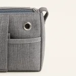 Dettaglio della borsa grigia per filati con occhiello metallico, bordo della cerniera, cuciture e tasca laterale