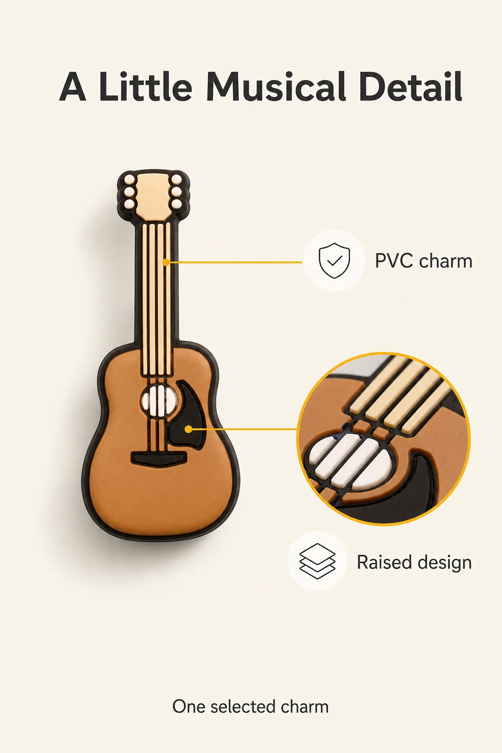 Guitar charm with relief-detail callouts and one-piece label