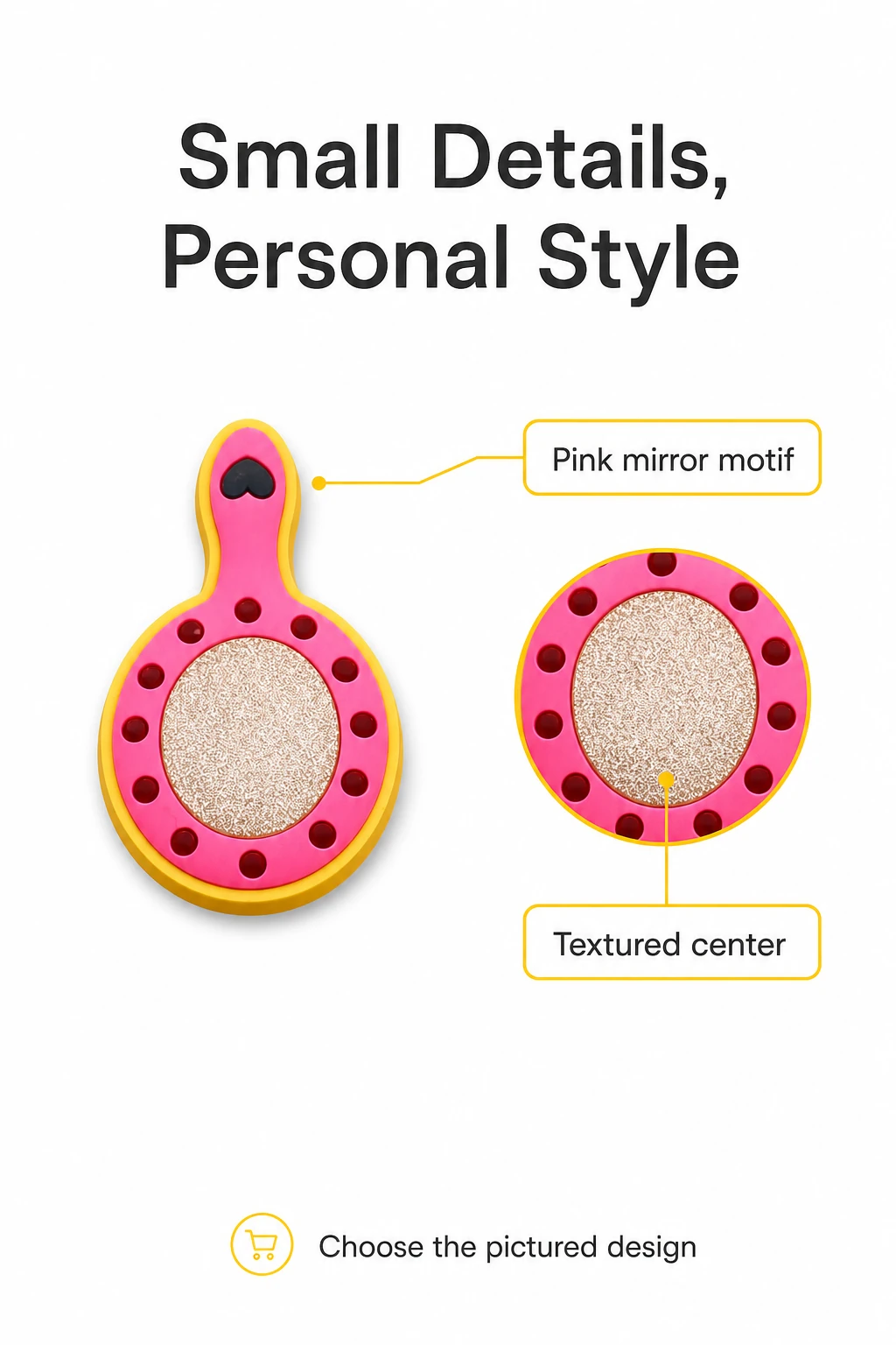 Pink mirror charm with an enlarged textured-center detail