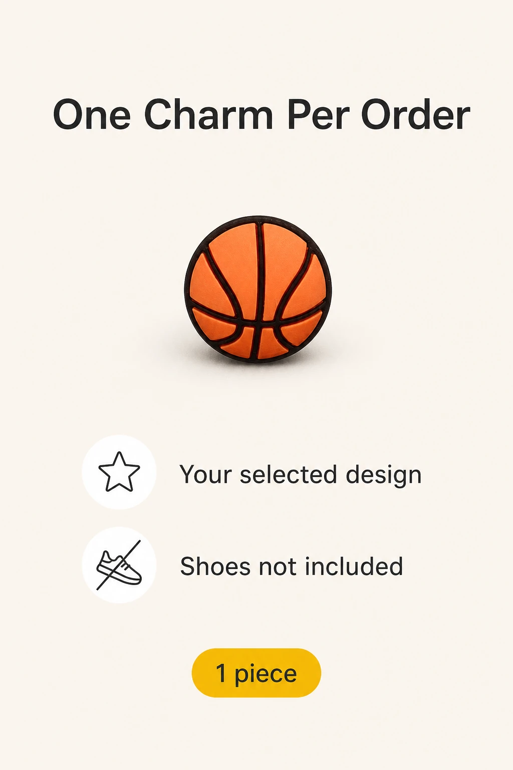 Single basketball charm beside one-piece contents information