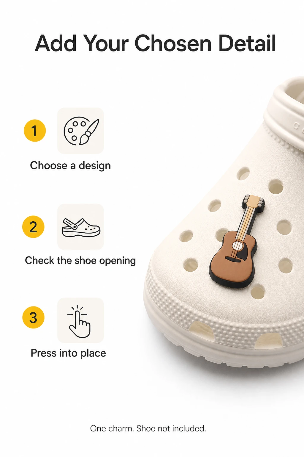 Guitar charm attached to a cream clog with placement steps