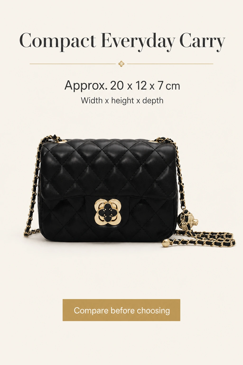 Außenmaße der gesteppten Tasche von etwa 20 mal 12 mal 7 cm