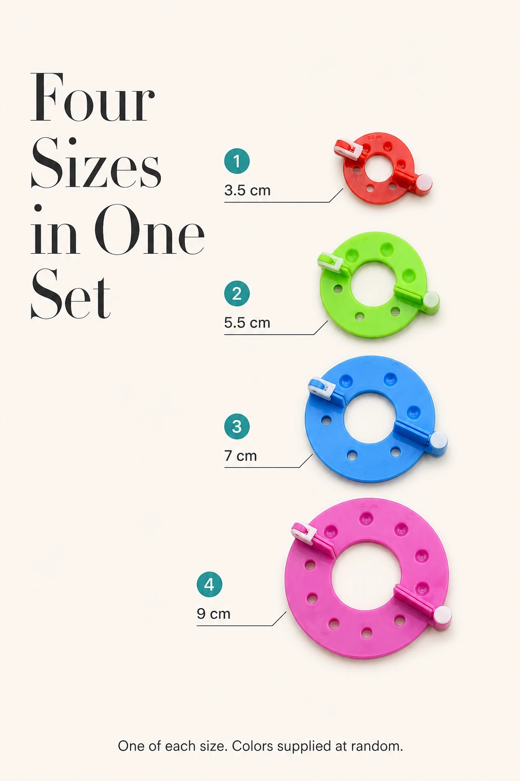 Four plastic makers shown together with labels for 3.5, 5.5, 7 and 9 cm; one of each size, colors random.
