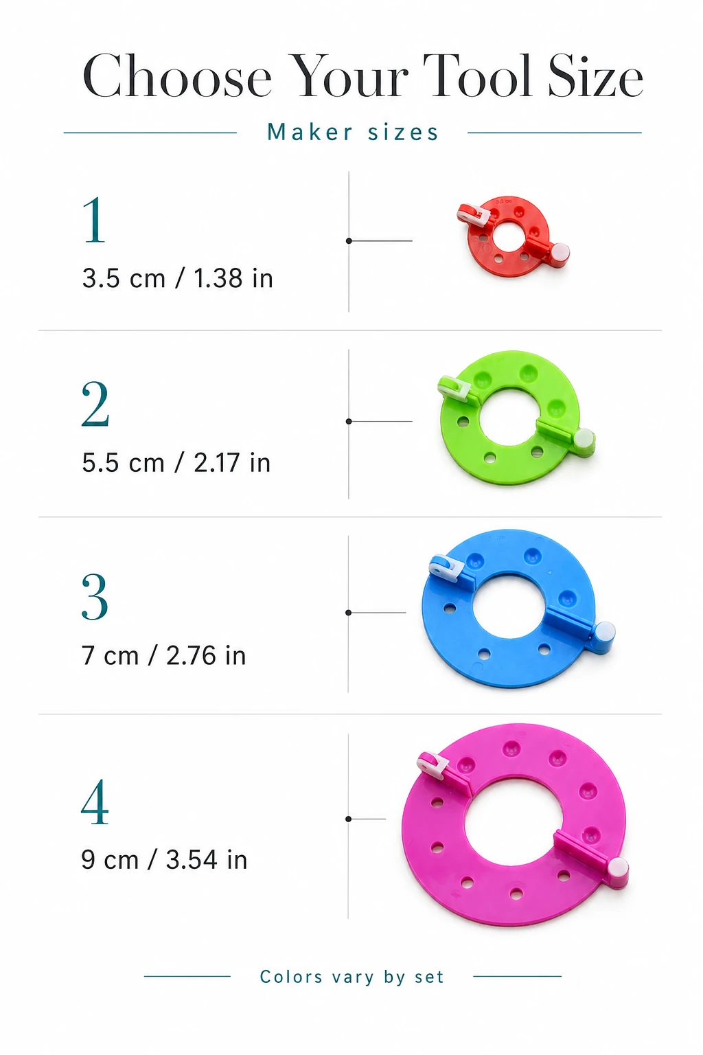 Four-row size graphic with 3.5, 5.5, 7 and 9 cm labels for the maker tools, not finished pom-poms.