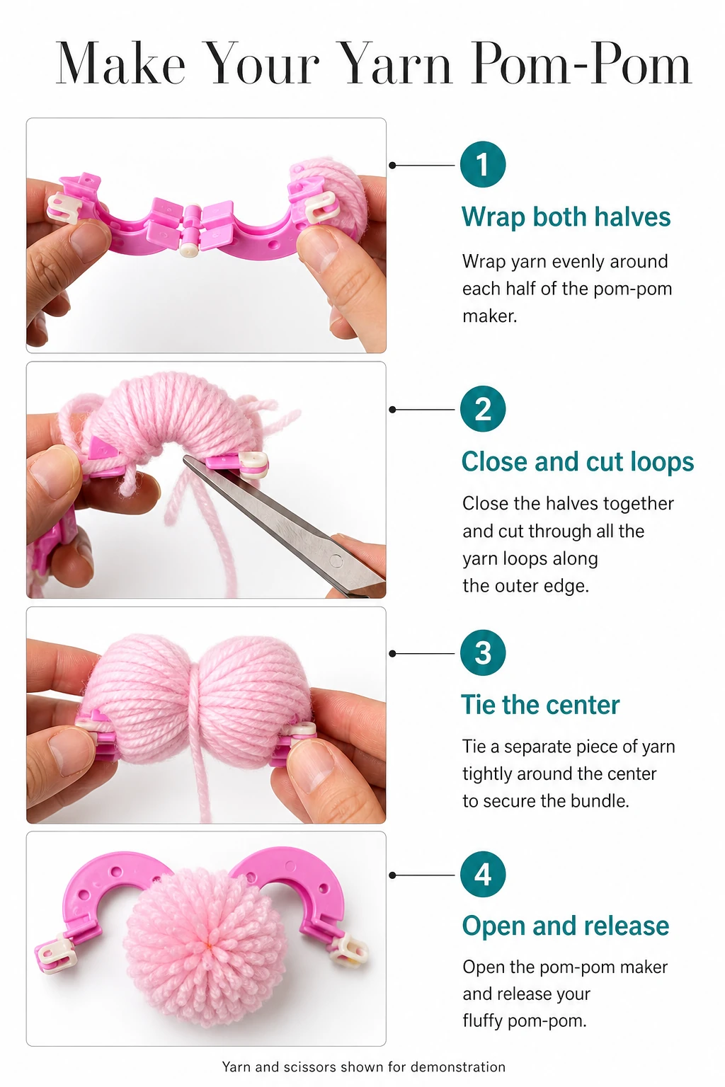 Four illustrated steps: wrap yarn, close and cut loops, tie the center, then open and release.