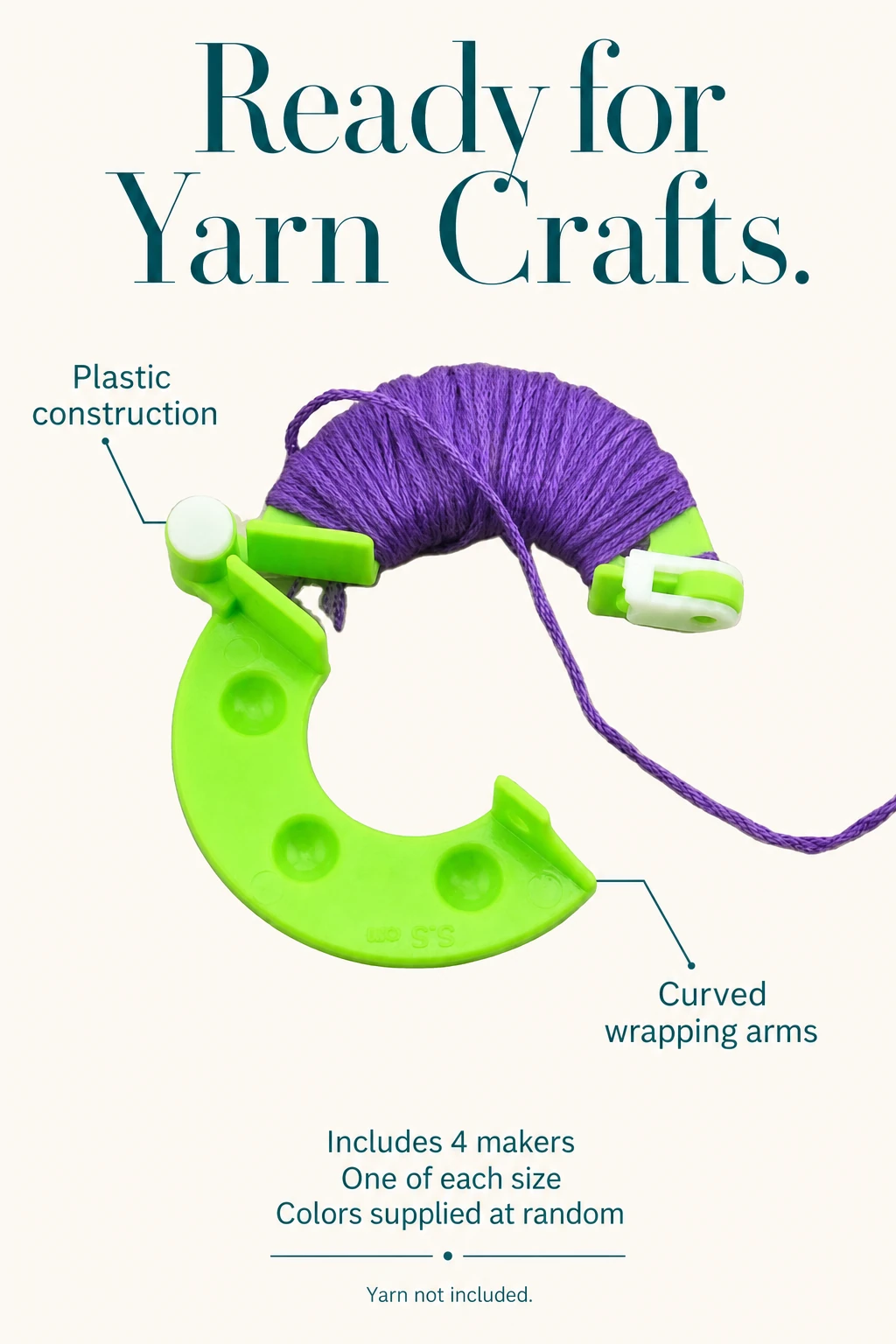Green maker and purple yarn beside notes on plastic construction, four tool sizes and random colors.