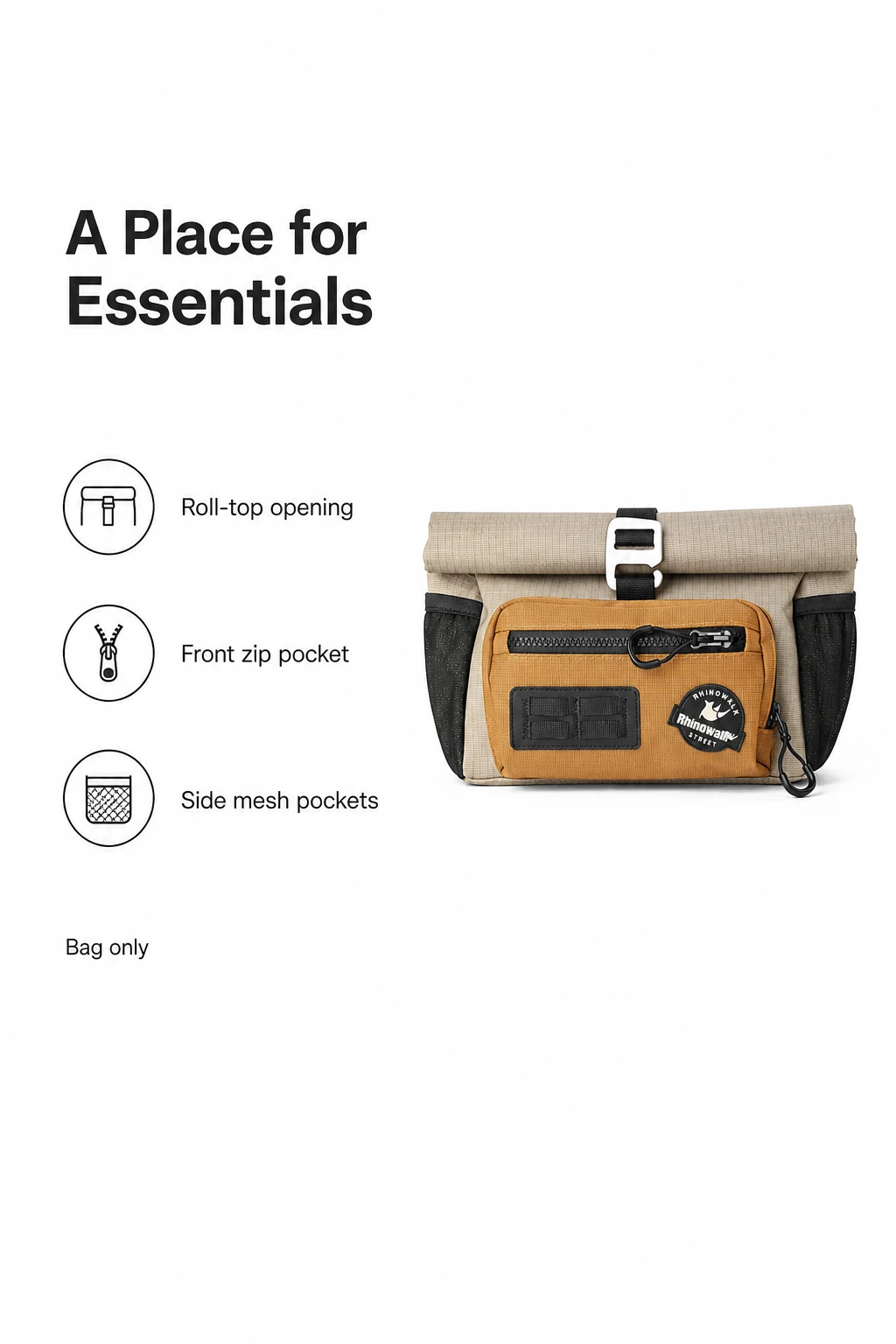 Roll-top bike bag with front zip and side mesh pocket callouts