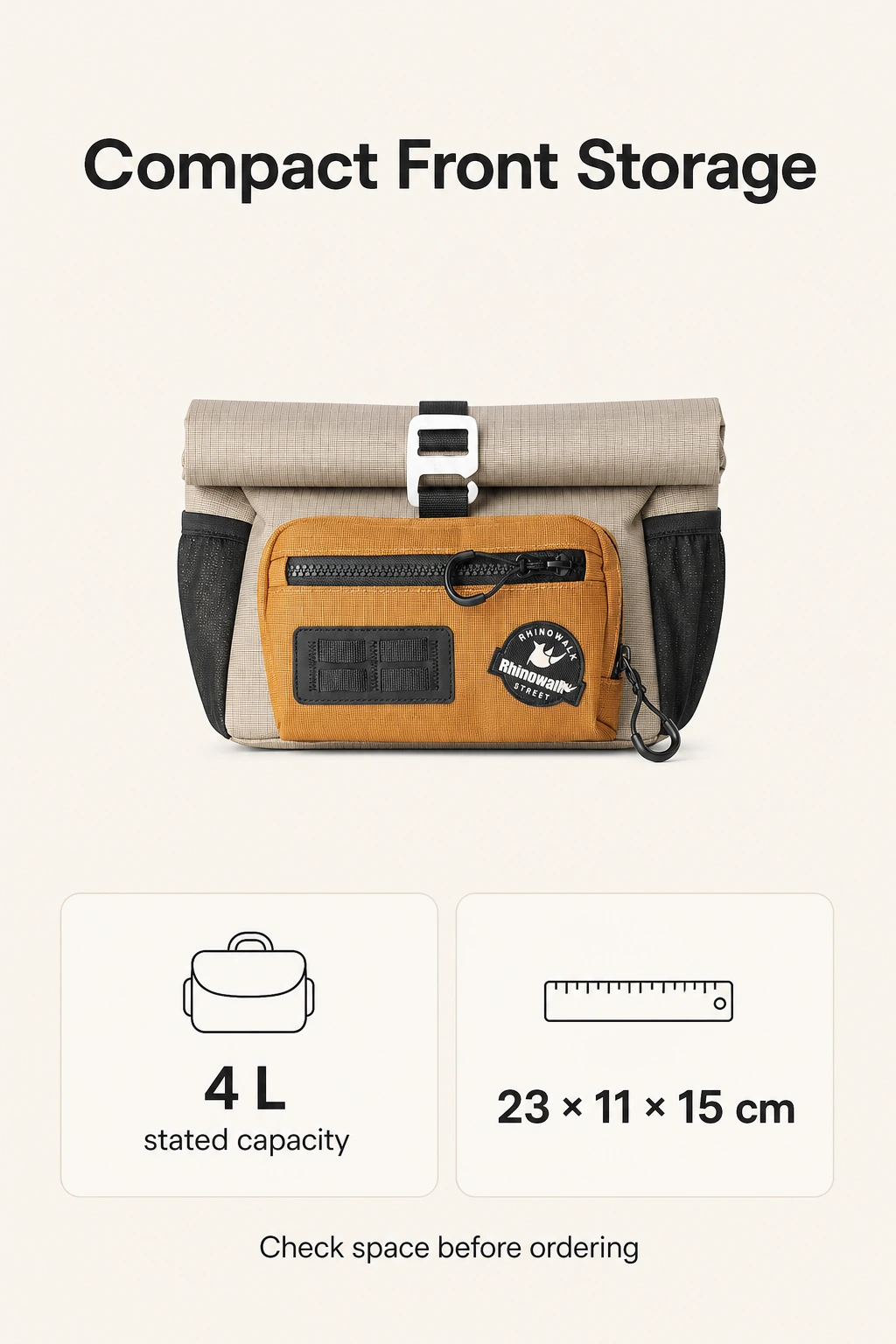 Bike front bag with stated 4 L capacity and dimensions