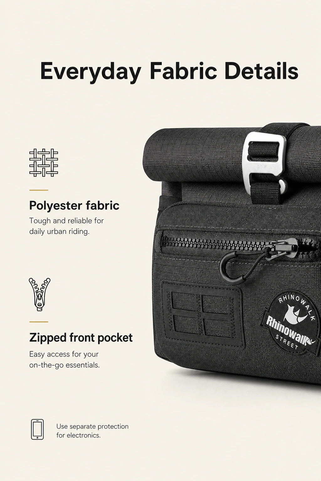 Polyester weave and front zip detail on the black bag