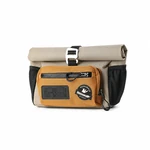 Khaki roll-top bike bag with an orange front zip pocket, black side pockets and a silver-tone buckle