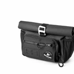 Black roll-top bike bag with a front zip pocket, side pocket and silver-tone buckle