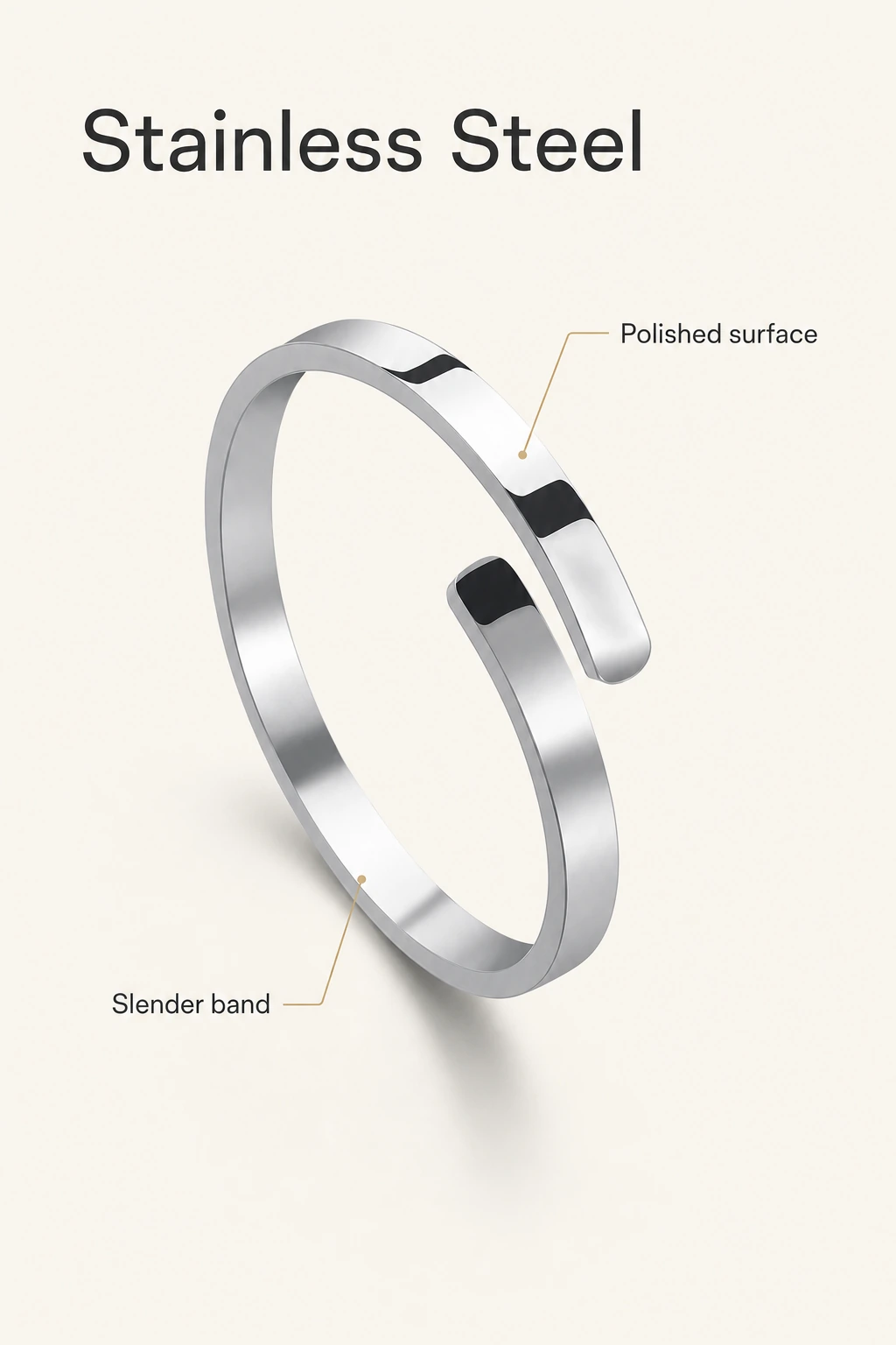 Steel-color band close-up with polished-surface and slender-band callouts